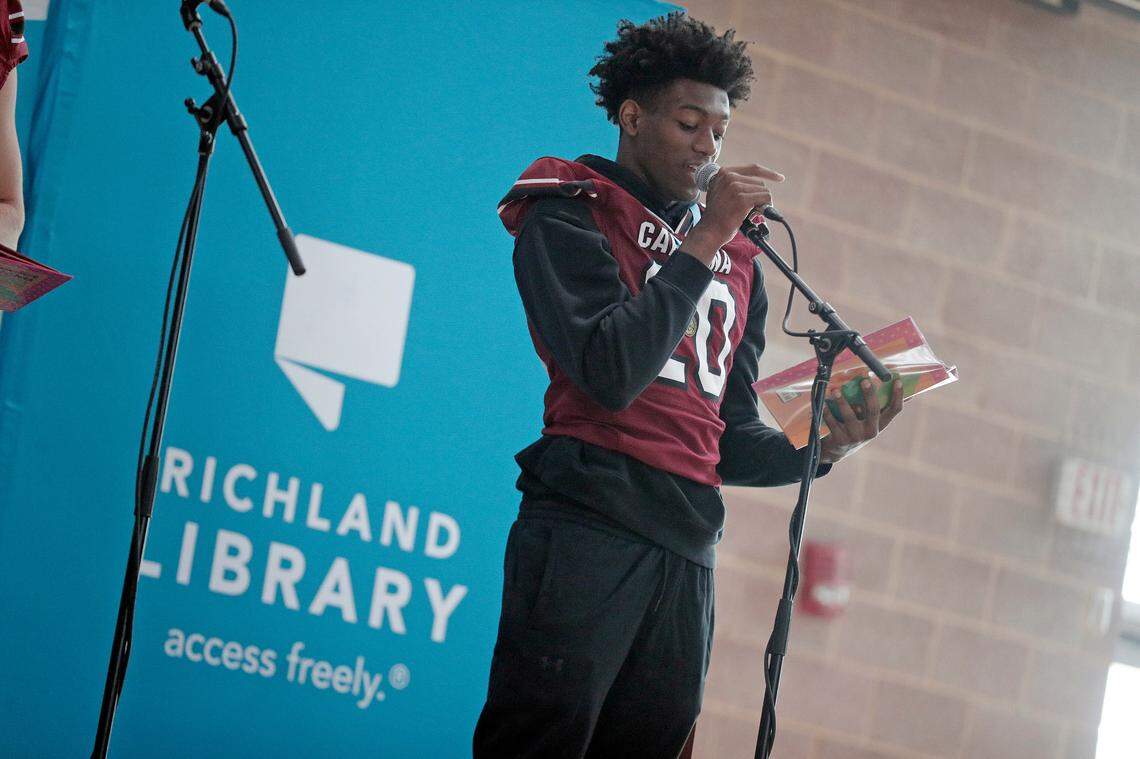 Judge Collier (20) and the University of South Carolina football team freshmen took part in the annual Pigskin Poets reading event Friday, July 21, 2023 at the Drew Wellness Center in Columbia.