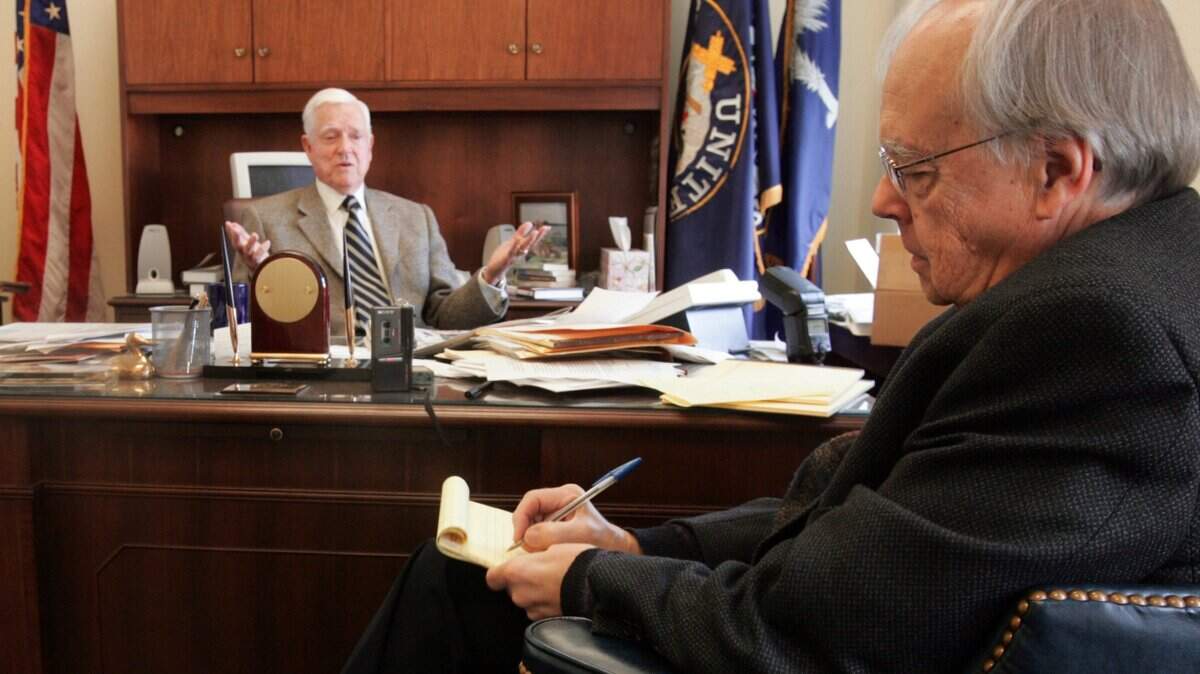 The State’s political writer Lee Bandy was known for his network of sources and big scoops. In this photo, Bandy interviews former U.S. Senator Fritz Hollings, D-S.C.. The late political writer is being inducted into South Carolina’s journalism hall of fame.
