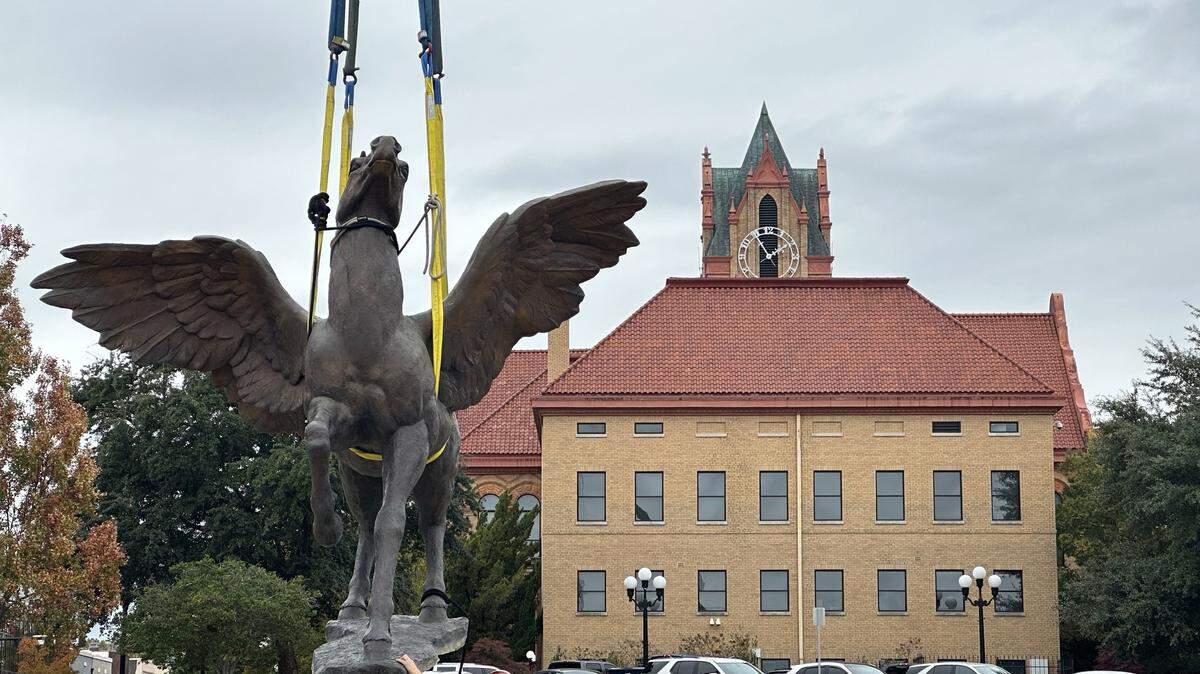 The installation of a winged Pegasus sculpture in South Carolina.