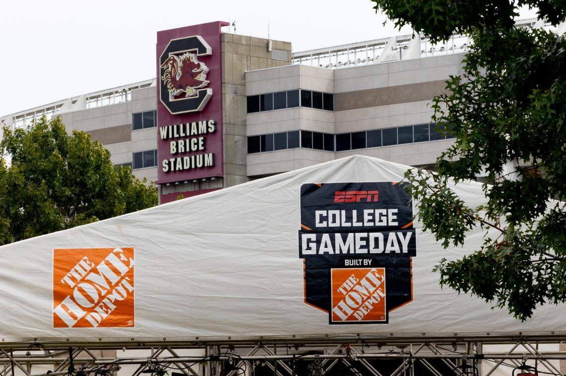 Crews set up for the broadcast of College GameDay at Gamecock Park on Thursday Sept. 12, 2024.