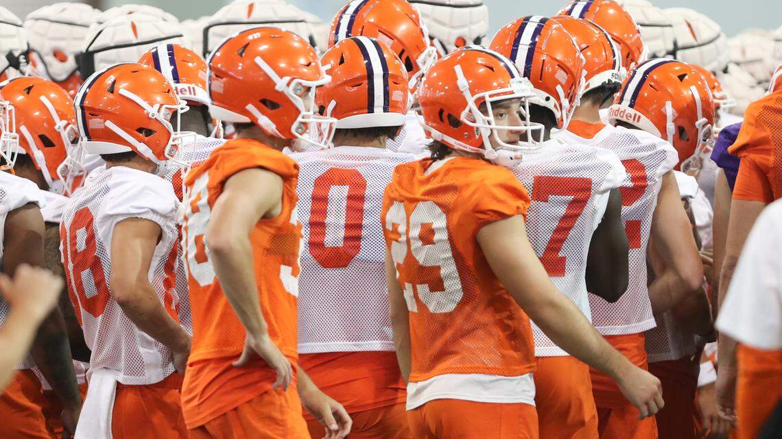 Clemson’s players at the Tigers’ first practice of 2022 camp on Friday, Aug. 5.