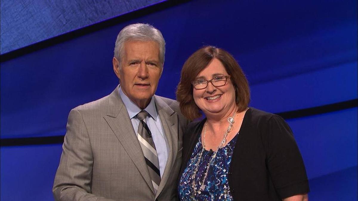 Westwood High School’s Cheryl Guy with ‘Jeopardy’ host Alex Trebek.