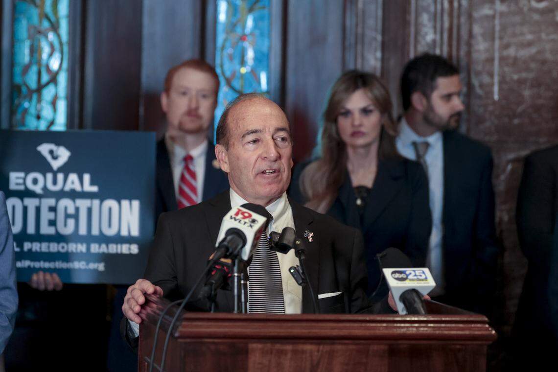 Republican candidate for U.S. Senate, Mark Lynch, speaks during a press conference where Sen. Lee Bright, R-Spartanburg, and State Rep. Rob Harris, R-Spartanburg, discussed their legislation, The South Carolina Prenatal Equal Protection Act, being filed on Tuesday, Jan. 13, 2026.