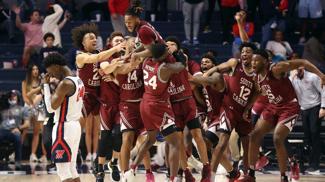 South Carolina celebrates James Reese’s game-winning shot over Ole Miss on Tuesday night in Oxford, Mississippi.