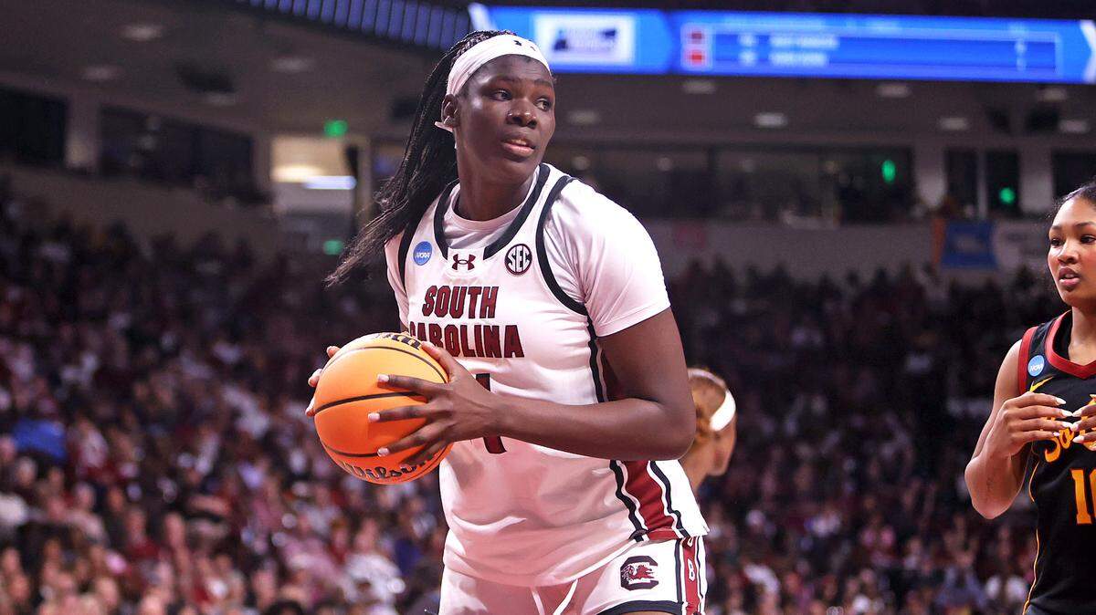 South Carolina's Madina Okot during the Gamecocks' NCAA Tournament Sweet 16 win over Southern Cal on Monday at Colonial Life Arena.