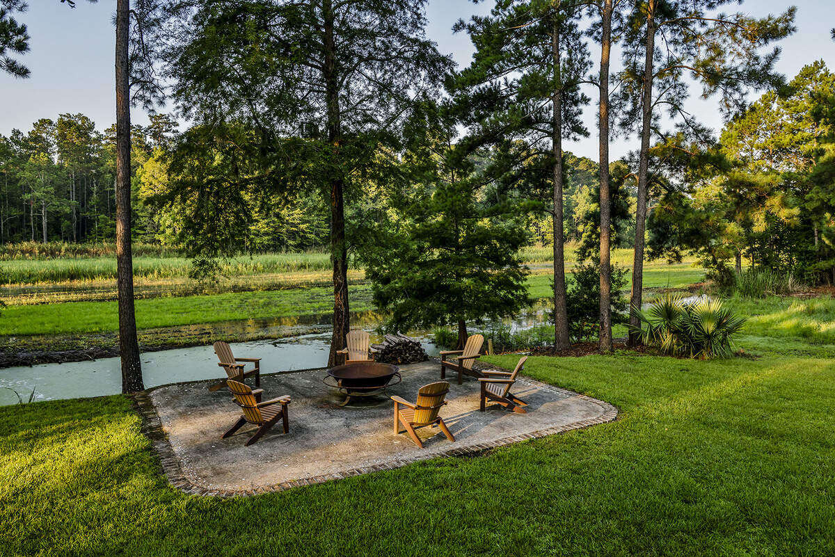 A sitting area by water at the Dover estate in Georgetown, South Carolina.