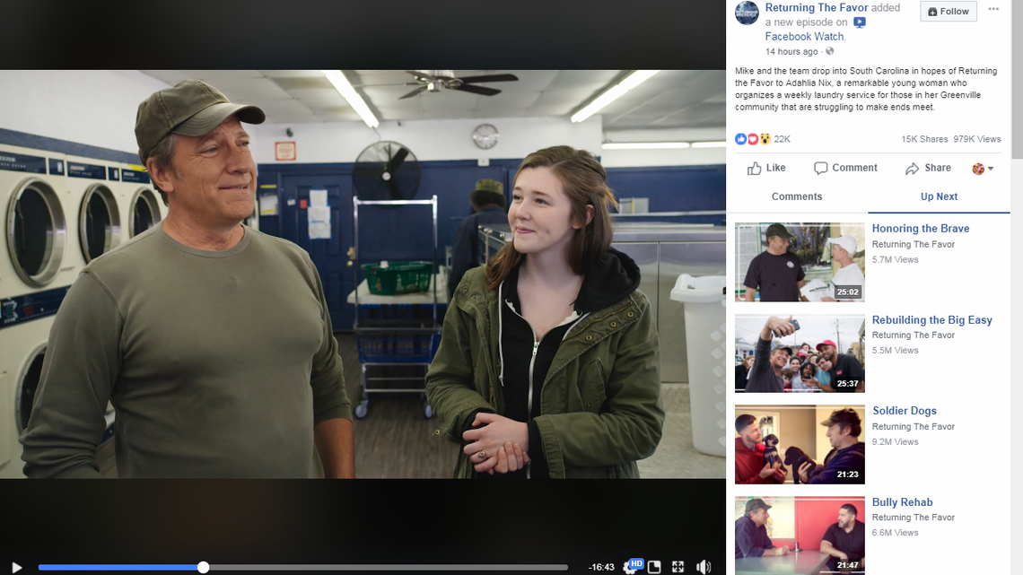 Screenshot of Mike Rowe, left, and Adahlia Nix on the show "Returning the Favor."