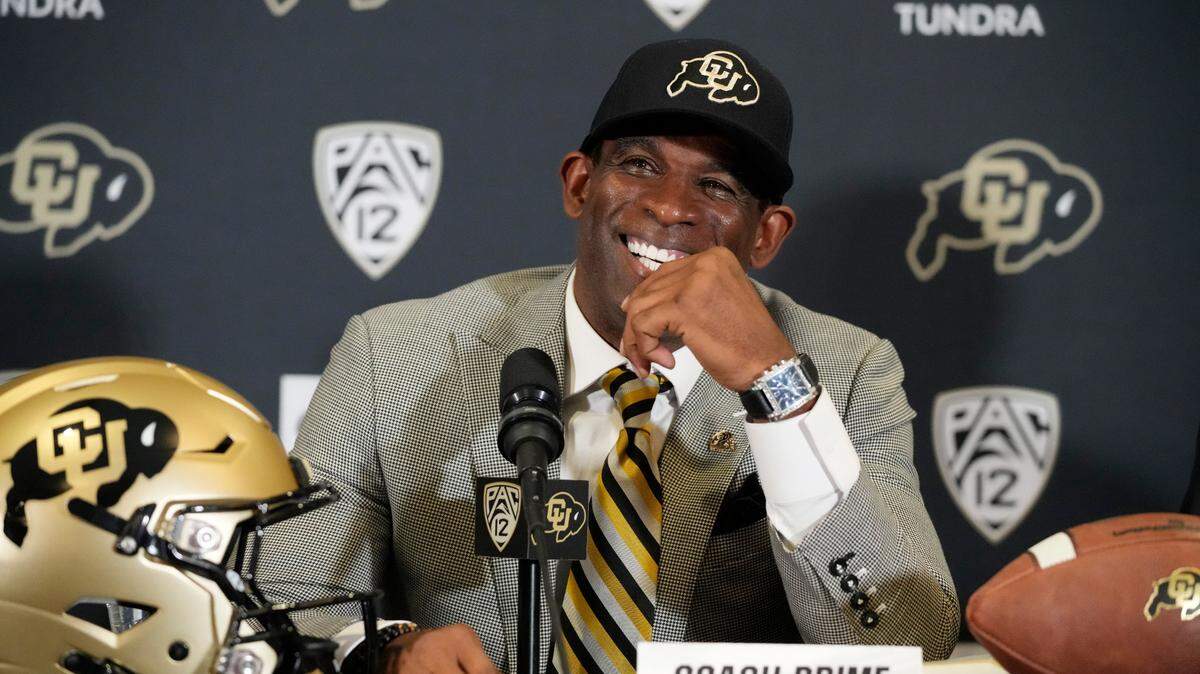 Deion Sanders speaks after being introduced as the new head football coach at the University of Colorado during a news conference Sunday, Dec. 4, 2022, in Boulder, Colo. Sanders left Jackson State University after three seasons at the helm of the school’s football team. (AP Photo/David Zalubowski)