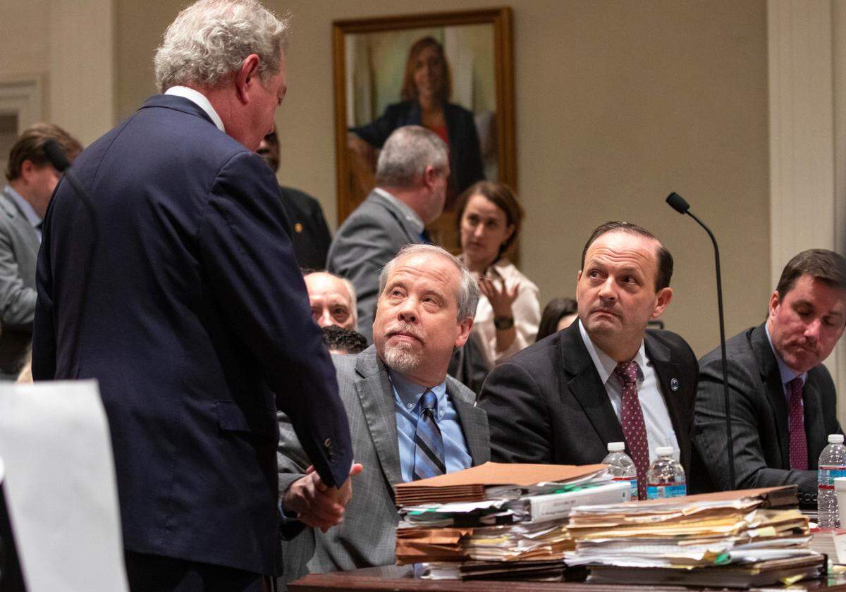Defense attorney Dick Harpootlian shakes prosecutor Creighton Water’s hands after Alex Murdaugh was found guilty on all four counts at the Colleton County Courthouse in Walterboro on Thursday, March 2, 2023. Andrew J. Whitaker/The Post and Courier/Pool
