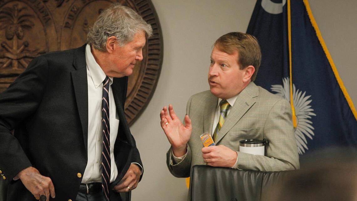 Sen. Harvey Peeler, left, and Sen. Shane Martin during a Senate Finance Committee meeting on Monday, April 3, 2023 in Columbia, S.C. Martin proposed a proviso to have school districts ban TikTok from their electronic devices. (Travis Bell/STATEHOUSE CAROLINA)