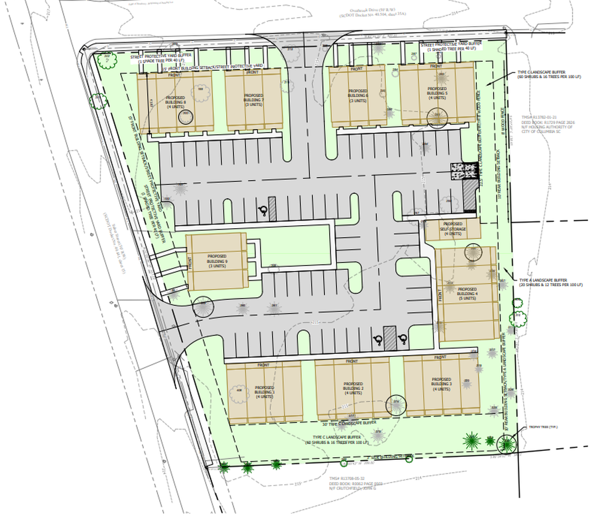 Developer Lafaye Custom Homes hopes to begin building 32 new town homes at 3800 Overbrook Drive in 2023. This site plan shows how the homes would be arranged on the 1.8 acre property.