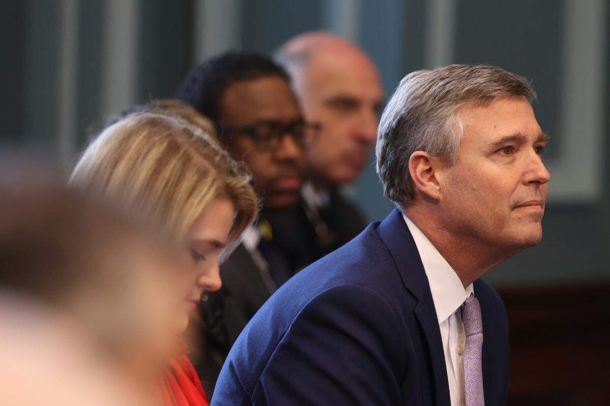 Columbia Mayor Daniel Rickenmann listens during a press conference at the Columbia City Hall on Friday, Jan. 10, 2025. U.S. Rep. James Clyburn announced $204 million in Federal Funding for Assembly Street Railroad Project in Columbia.