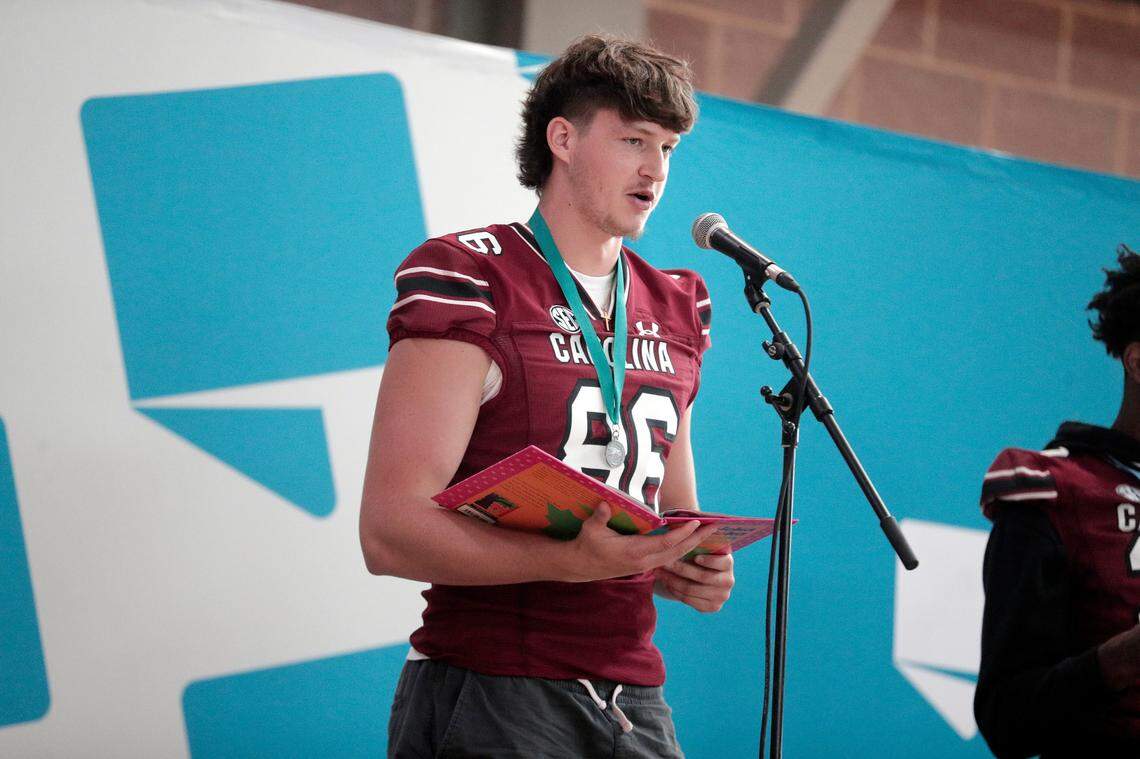 Reid Mikeska and the University of South Carolina football team freshmen took part in the annual Pigskin Poets reading event Friday, July 21, 2023 at the Drew Wellness Center in Columbia.