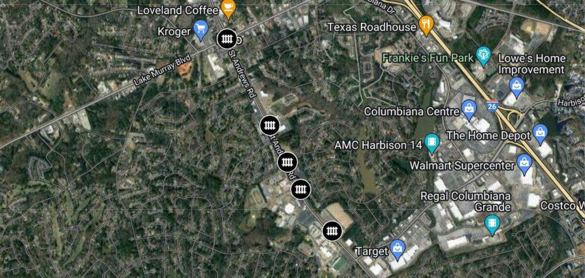 An aerial map shows where work on railroad crossings is expected to be done in the area between Lake Murray Boulevard and Harbison Boulevard.
