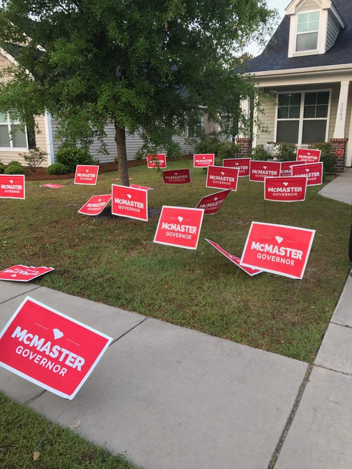 Emma Scott, an intern for Catherine Templeton's gubernatorial campaign, reported to the police that her yard was littered with campaign signs supporting South Carolina Gov. Henry McMaster, on Saturday, May 12, 2018.