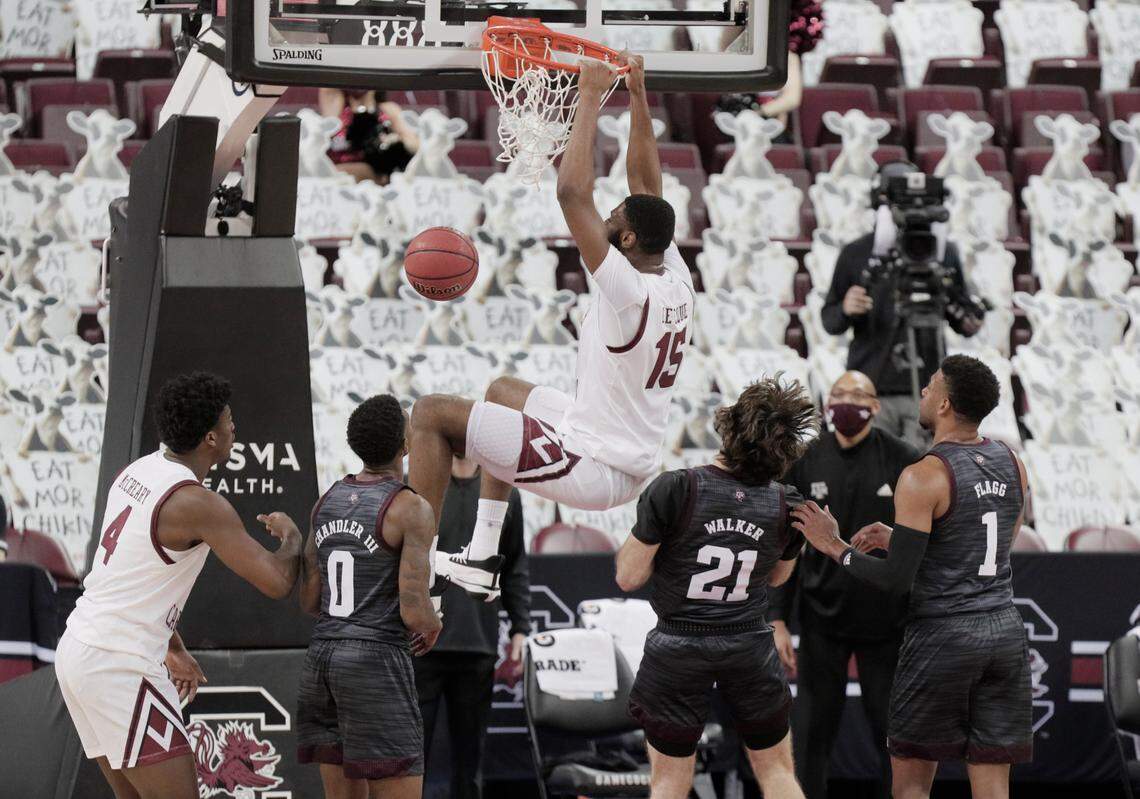 South Carolina Gamecocks forward Wildens Leveque (15) dunks during the game against Texas A&M at Colonial Life Arena on Wednesday, January 6, 2021.