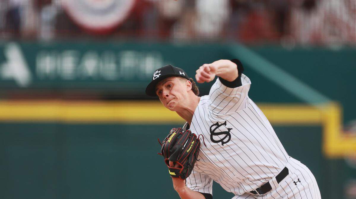 South Carolina pitcher Matthew Becker (29) plays Sacred Heart at Founders Park in the second game of their series on Saturday, February 15, 2025.