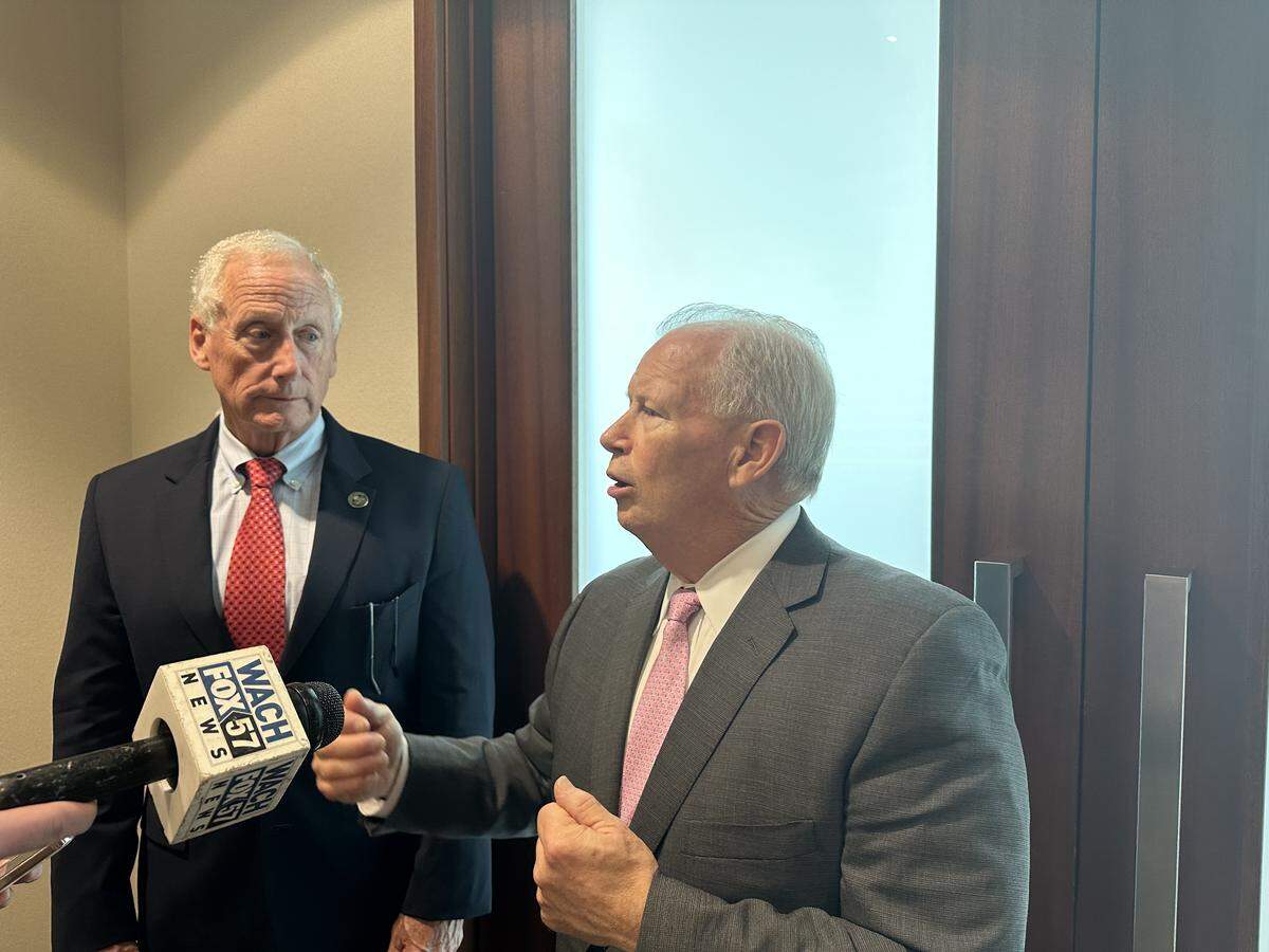 Santee Cooper CEO Jimmy Staton and South Carolina Governor’s Nuclear Advisory Council chairman Rick Lee talk to reporters Oct. 24, 2025 in Columbia.