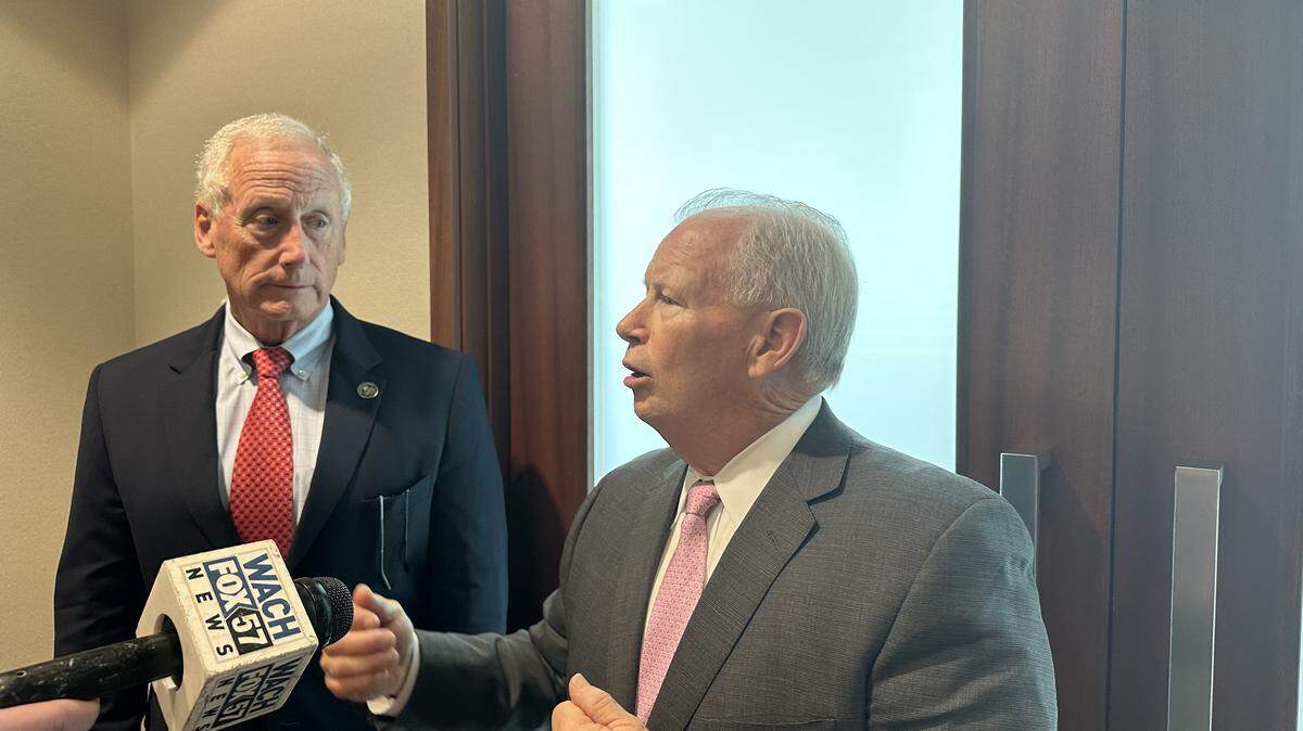 Santee Cooper CEO Jimmy Staton and South Carolina Governor’s Nuclear Advisory Council chairman Rick Lee talk to reporters Oct. 24, 2025 in Columbia.