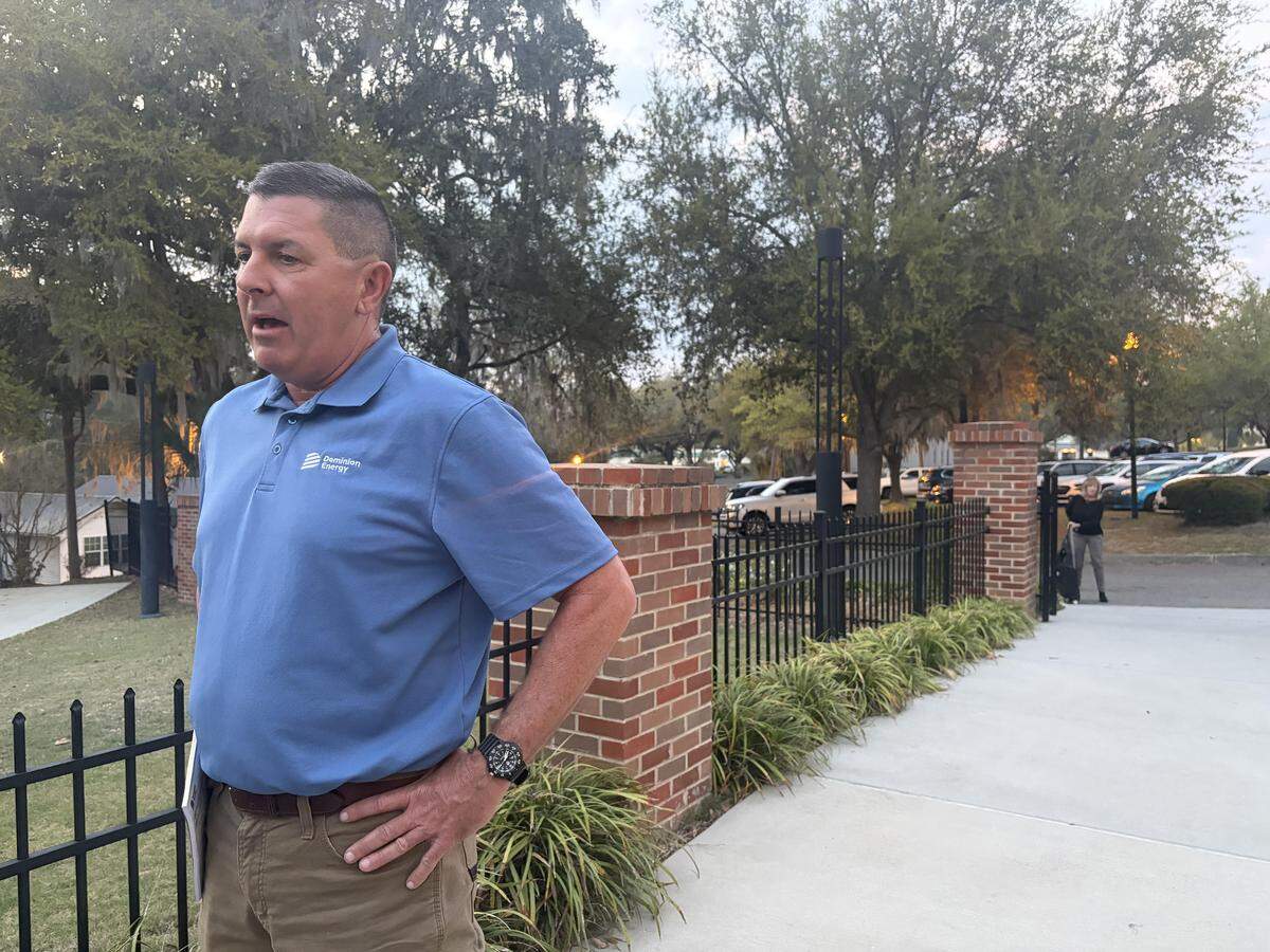 Dominion Energy president Keller Kissam talks to reporters following a public hearing on a proposed natural gas plant in Colleton County on Monday, March 23, 2026.
