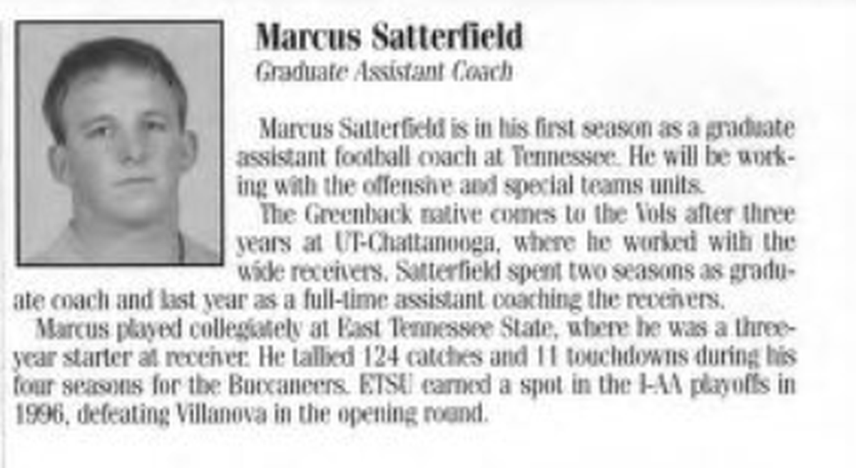 Marcus Satterfield’s biography in the 2002 Peach Bowl Program. Satterfield was in his first year on Phil Fulmer’s staff at Tennessee at the time after three years at UT-Chattanooga.