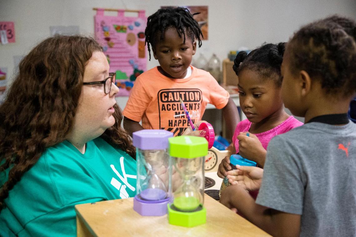 Erin Burdick teaches 4-year-old Kindergarten students at Seven Oaks Kids Academy in Columbia, South Carolina on Wednesday, July 21, 2021. The state is expanding access to the private programs for low income families.