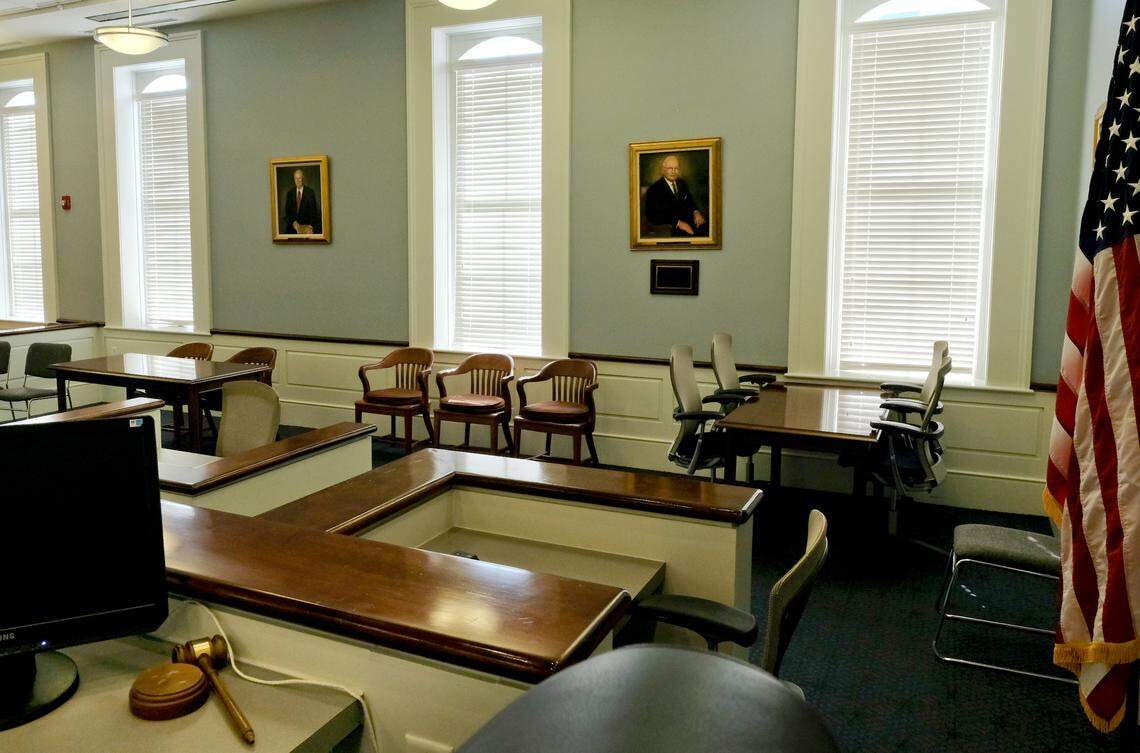 From the judge’s bench in the Hampton County Courthouse, two portraits of Murdaughs can be seen. Members of the family served as solicitors for 85 years.