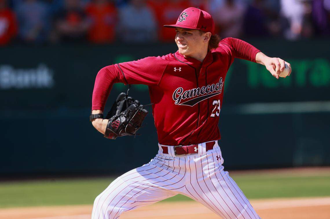 South Carolina pitcher Jake McCoy (23) plays Clemson at Fluor Field in Greenville, South Carolina on Saturday, March 1, 2025.
