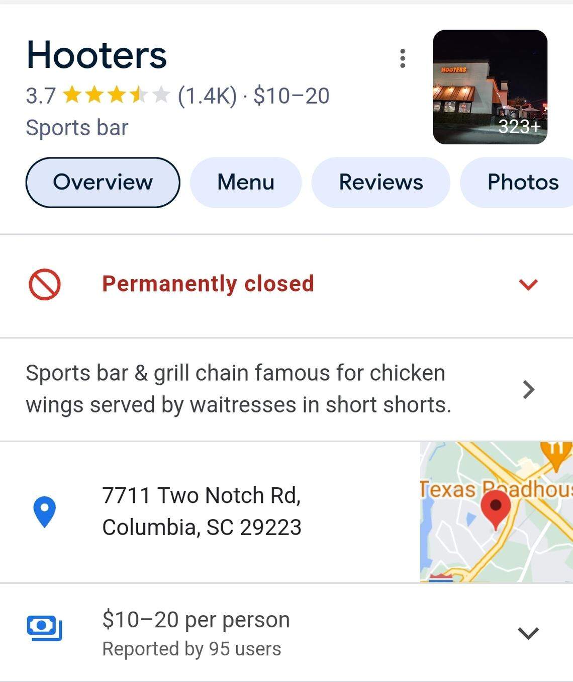A Google listing shows the Two Notch Road Hooters in Columbia, SC is closed.