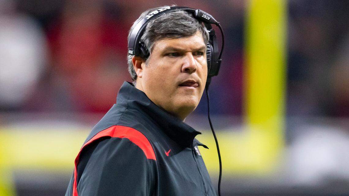 Jan 10, 2022; Indianapolis, IN, USA; Georgia Bulldogs offensive line coach Matt Luke against the Alabama Crimson Tide in the 2022 CFP college football national championship game at Lucas Oil Stadium. Mandatory Credit: Mark J. Rebilas-USA TODAY Sports