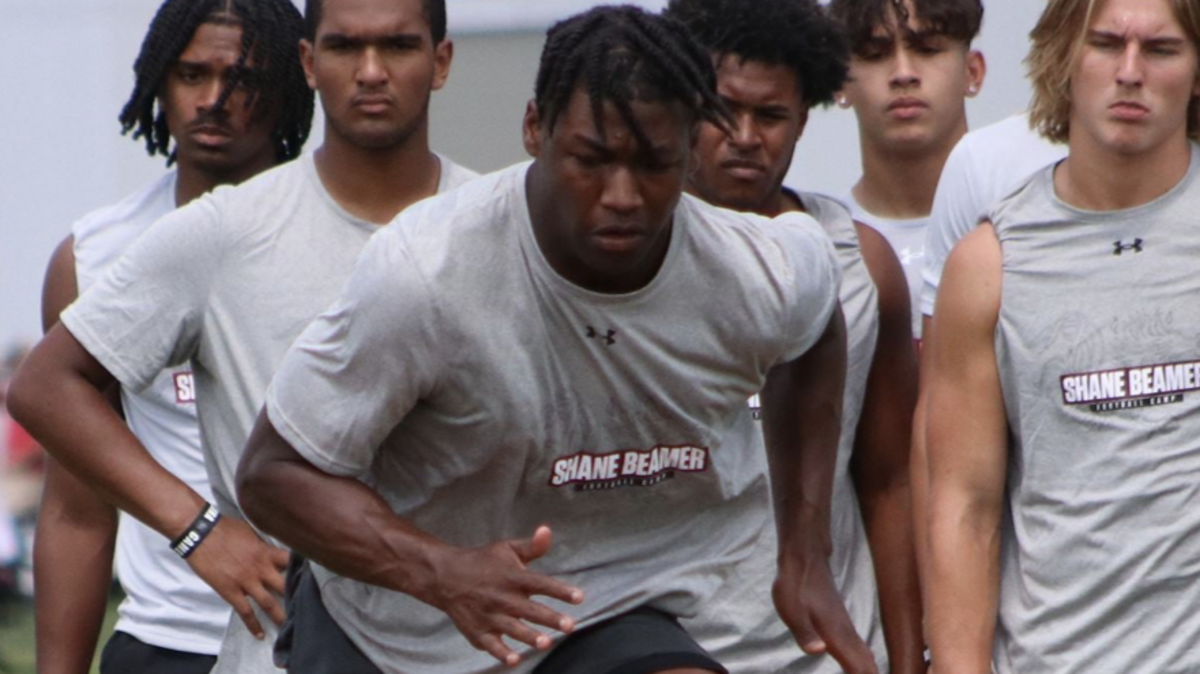 Three-star linebacker Fred Johnson particpates in football camp at South Carolina. Johnson committed to the Gamecocks this week.