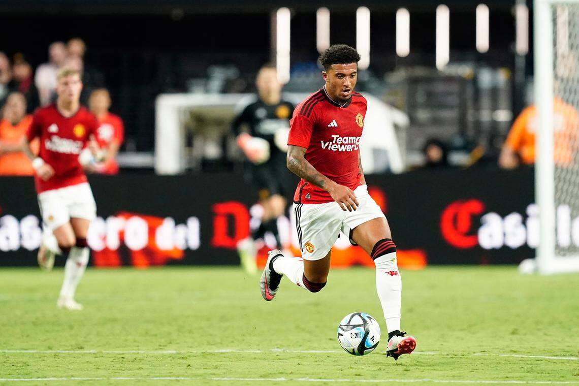 Manchester United forward Jadon Sancho (25) controls the ball during against Borussia Dortmund at Allegiant Stadium in July 2023.
