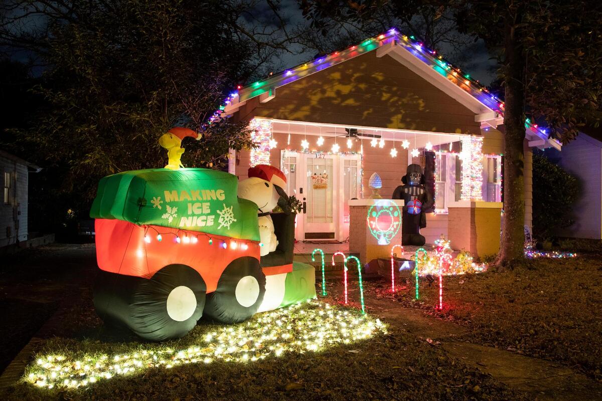 A light display featuring characters from the Peanuts cartoons on Ott Road in Columbia, South Carolina on Wednesday, December 23, 2020.