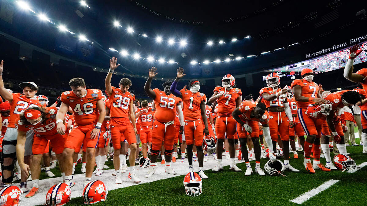 Clemson gathers after their loss against Ohio State in the Sugar Bowl NCAA college football game Friday, Jan. 1, 2021, in New Orleans. Ohio State won 49-28. (AP Photo/Gerald Herbert)