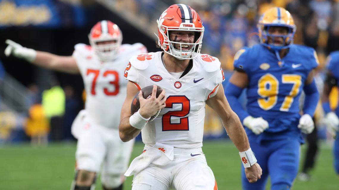 Clemson Tigers quarterback Cade Klubnik (2) runs on his way to scoring a game winning fifty-yard touchdown during the fourth quarter to defeat the Pittsburgh Panthers at Acrisure Stadium.