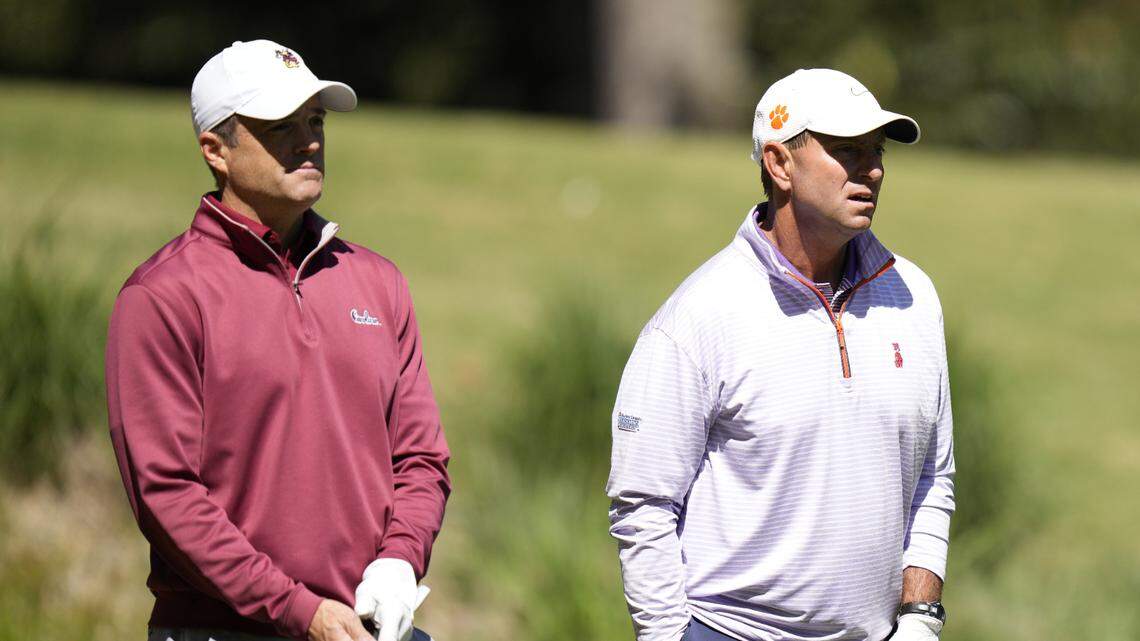 Clemson head coach Dabo Swinney (right) and South Carolina Shane Beamer during the 2023 Southern Company Peach Bowl Challenge, Tuesday, May 2, 2023, in Greensboro, Ga. (Paul Abell via Abell Images for the Southern Company Peach Bowl Challenge)