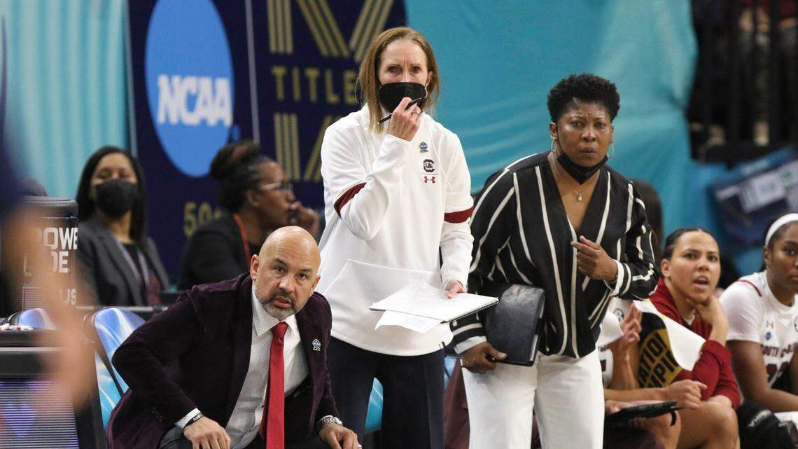 University of South Carolina assistant coaches, from left, Fred Chmiel, Lisa Boyer and Jolette Law during April’s national championship game against UConn.