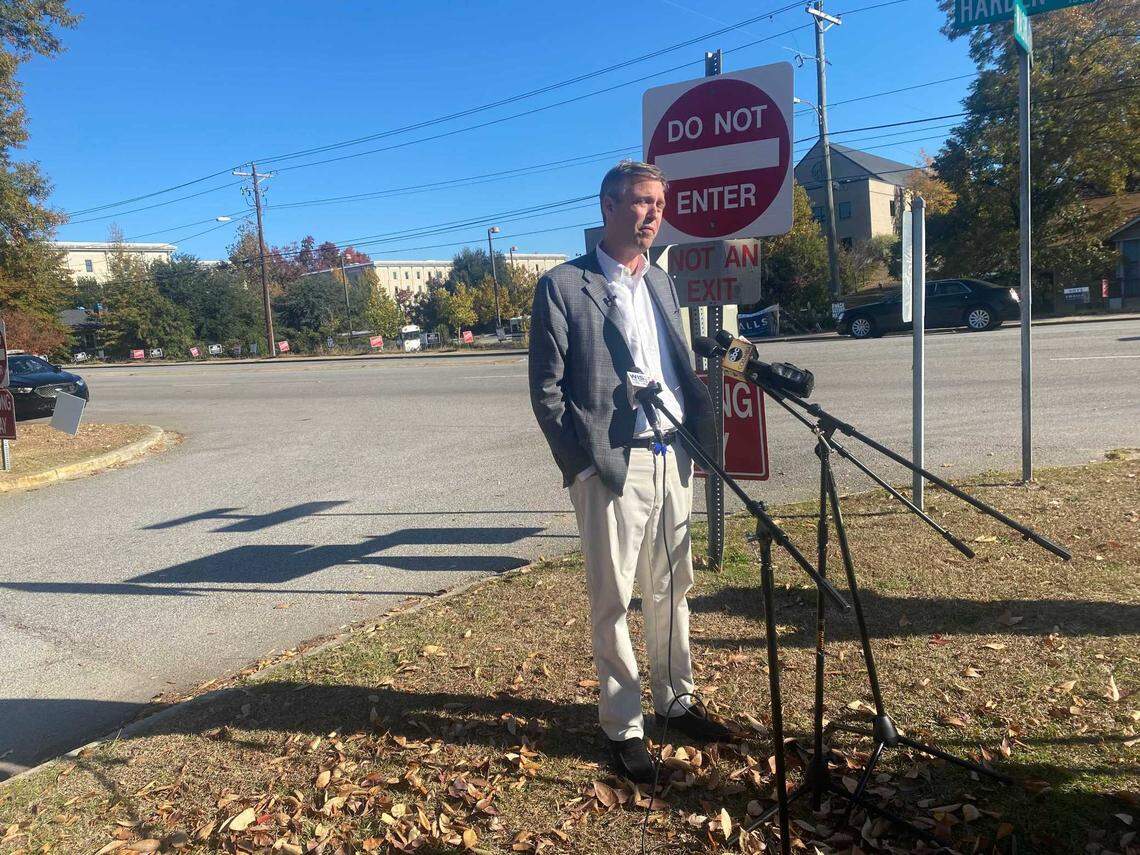 Daniel Rickenmann, one of the candidates running for Columbia mayor in the runoff election, speaks at a news conference.