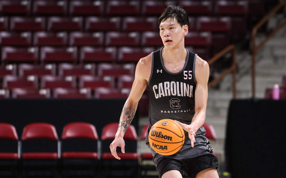 South Carolina guard Mike Sharavjamts (55) brings the ball up the court during practice at Colonial Life Arena in Columbia on Wednesday, July 30, 2025.