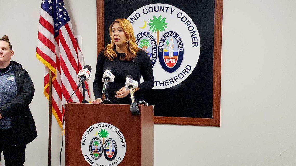 Richland County Coroner Naida Rutherford holds a news conference, Friday, February 21, 2025, detailing findings about the death of a 7-month-old child.