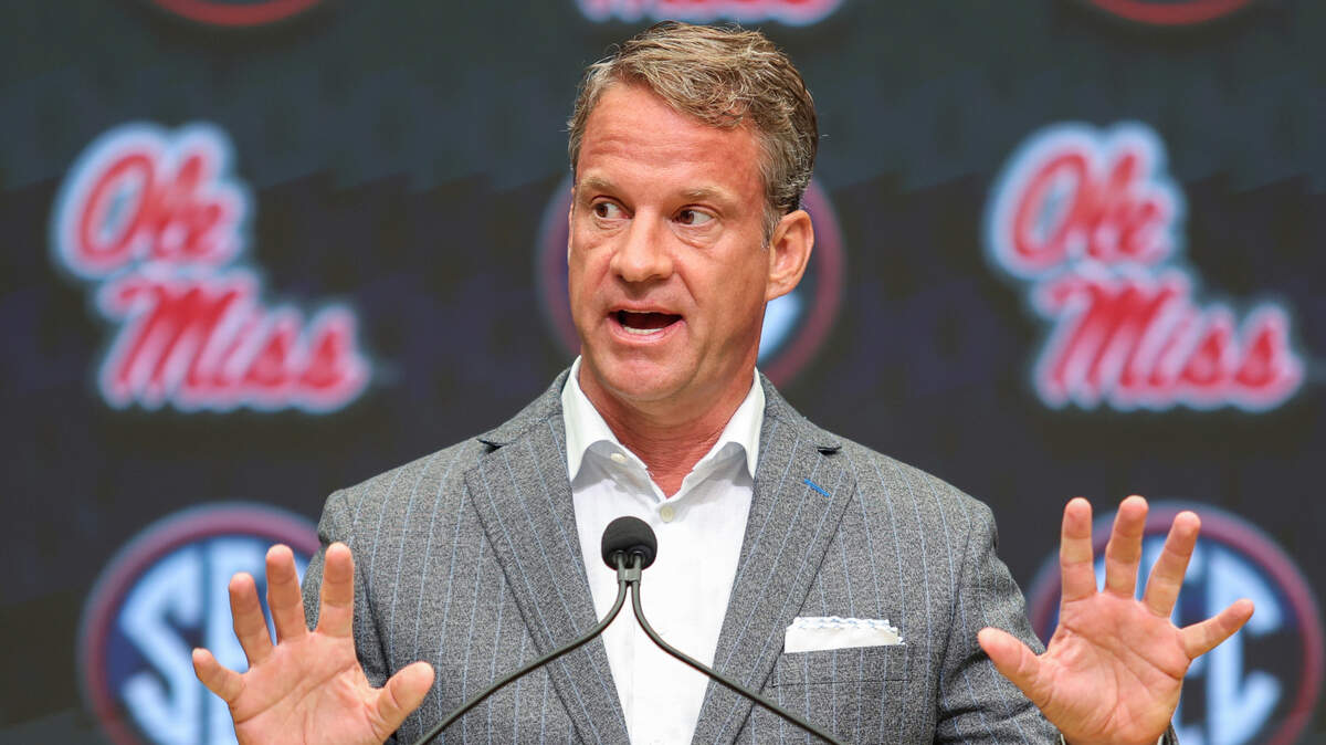 Jul 14, 2025; Atlanta, GA, USA; Ole Miss Rebels head coach Lane Kiffin speaks to the media during SEC Media Day at Omni Atlanta Hotel.