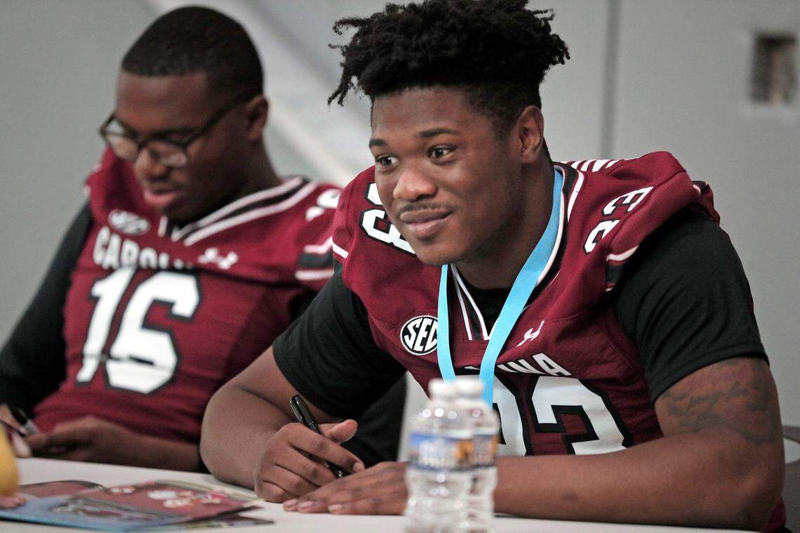 Kamron Sandlin and the University of South Carolina football team freshmen took part in the annual Pigskin Poets reading event Friday, July 21, 2023 at the Drew Wellness Center in Columbia.