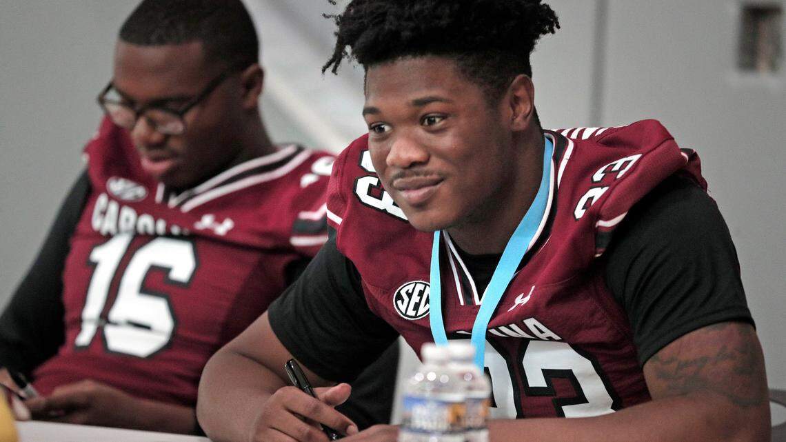 Kamron Sandlin and the University of South Carolina football team freshmen took part in the annual Pigskin Poets reading event Friday, July 21, 2023 at the Drew Wellness Center in Columbia.