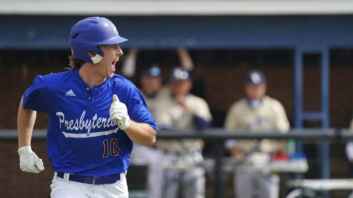 Presbyterian’s Chris Veach runs to first during an NCAA college baseball game against Charleston Southern Saturday, March 27, 2021. Veach, who played at Chapin High School, announced Tuesday he is transferring to South Carolina.
