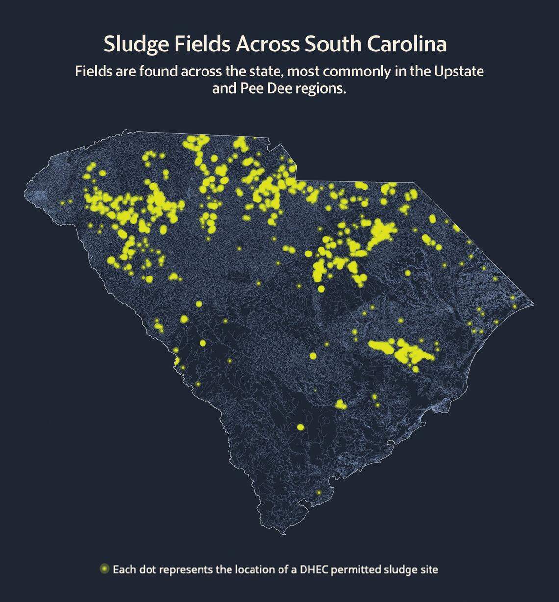 Sludge fields across South Carolina permitted by the S.C. Department of Health and Environmental Control. Sludge is a gooey material that comes from wastewater plants and factories. In recent years, toxic forever chemicals have been found in the sludge used to fertilize crops.