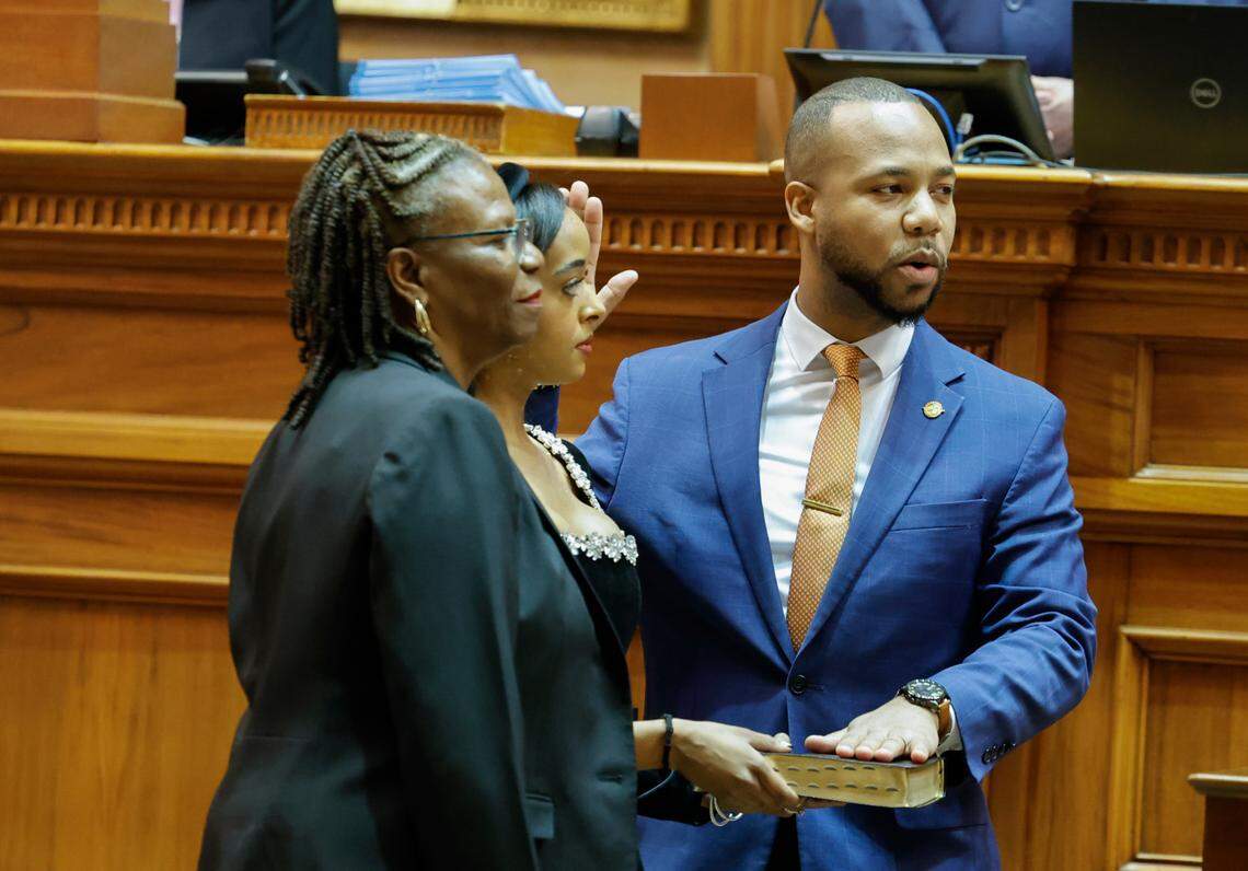 Sen. Deon Tedder, D-Charleston is sworn in on his first day in the 2024 session at the South Carolina State House on Tuesday, Jan. 10, 2024.