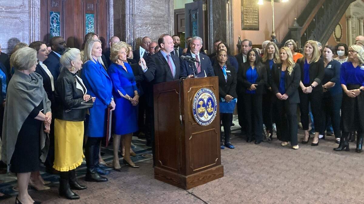 South Carolina Attorney General Alan Wilson held a news conference on January 11, 2024 with SLED Chief Mark Keel and First Lady Peggy McMaster announcing the release of the 2023 Human Trafficking Task Force annual report.