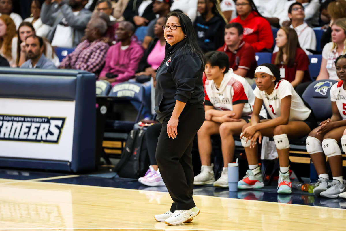 Cardinal Newman Cardinals head coach Cynthia Dimapan directs her team during the the SCISA State Championship Volleyball Game at Charleston Southern University Tuesday, October 24, 2023.