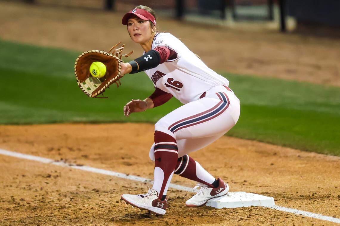 South Carolina Gamecocks first baseman Arianna Rodi (16) forces out a runner against the Virginia Cavaliers at Carolina Softball Stadium in Columbia, SC, 2/6/25.