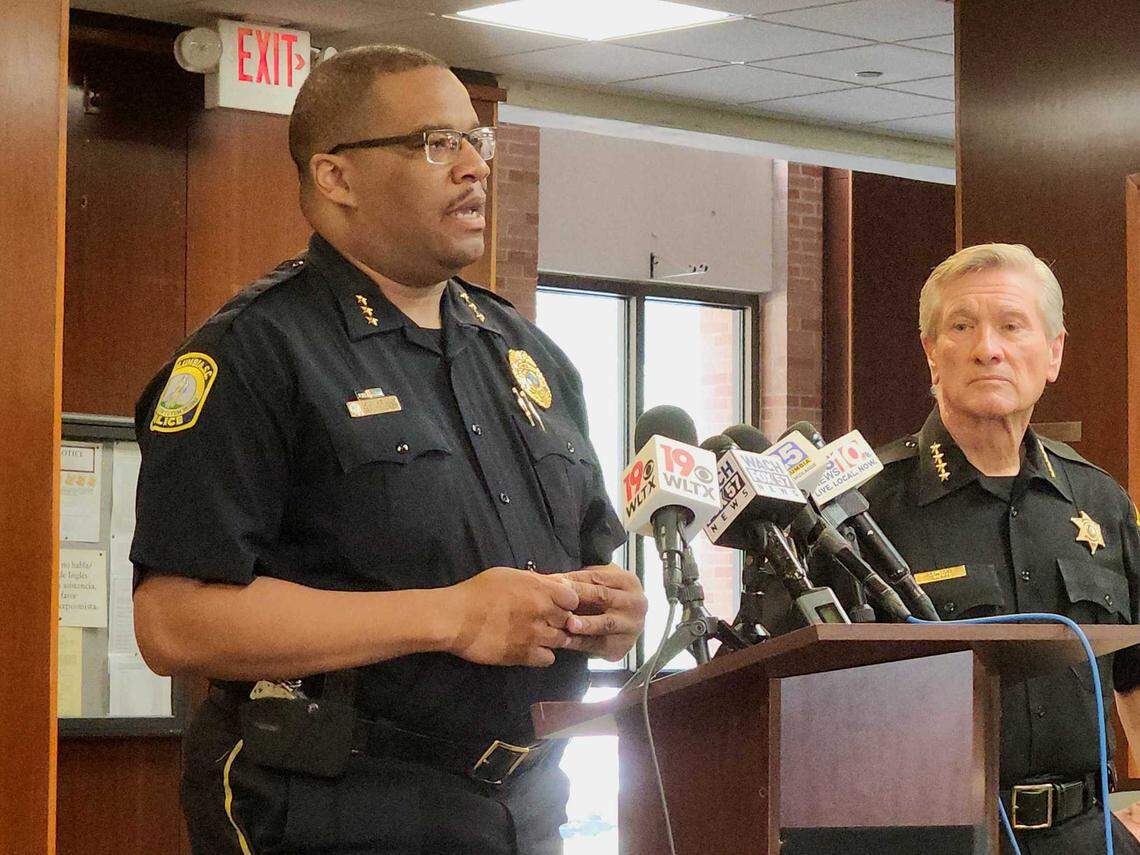 Columbia Police Department Deputy Chief Melron Kelly and Richland County Sheriff Leon Lott give an update on a shooting along Greystone Boulevard on Tuesday, July 18, 2023.